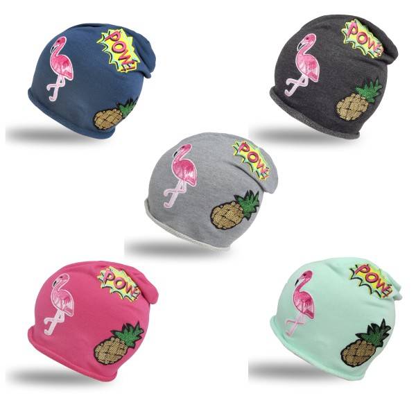 Sonia Originelli Beanie Mütze Kind Patch Aufnäher Flamingo Ananas Pow trend Baumwolle Tiefpreis
