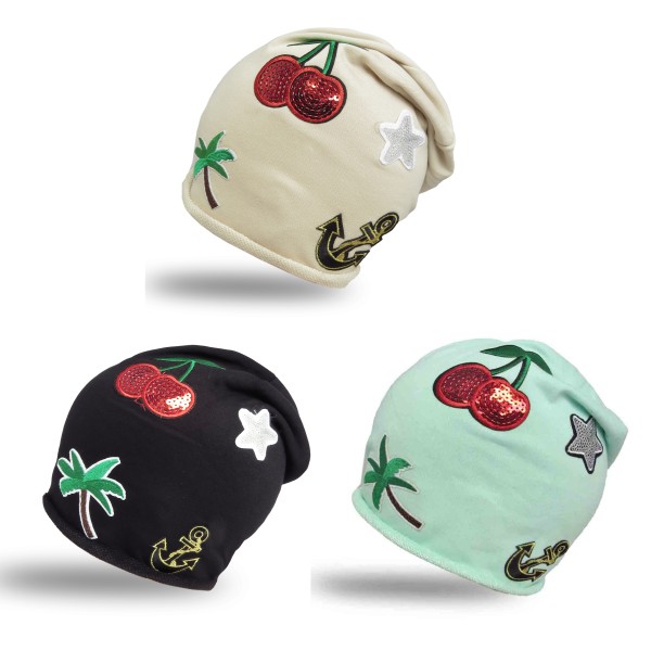 Sonia Originelli Beanie Mütze Patch Aufnäher Kirsche Anker Palme trend Baumwolle Vierteljährliche Förderung