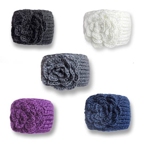 Sonia Originelli Damen Stirnband grob gestrickt mit Blumenapplikation und Knöpfen Fabrikverkauf