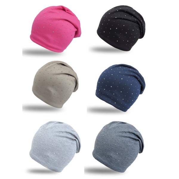 Sonia Originelli Fleece Beanie "Nieten" Steinchen Glitter Übergangsmütze gefüttert Versandkostenfrei