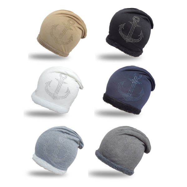 Sonia Originelli Fleece Beanie mit Strass-Anker Steinchen und weichem Teddyfell Flash Sale