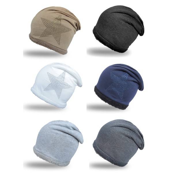 Sonia Originelli Fleece Beanie Strass-Stern Steinchen mit weichem Teddyfell gefüttert Begrenztes Angebot