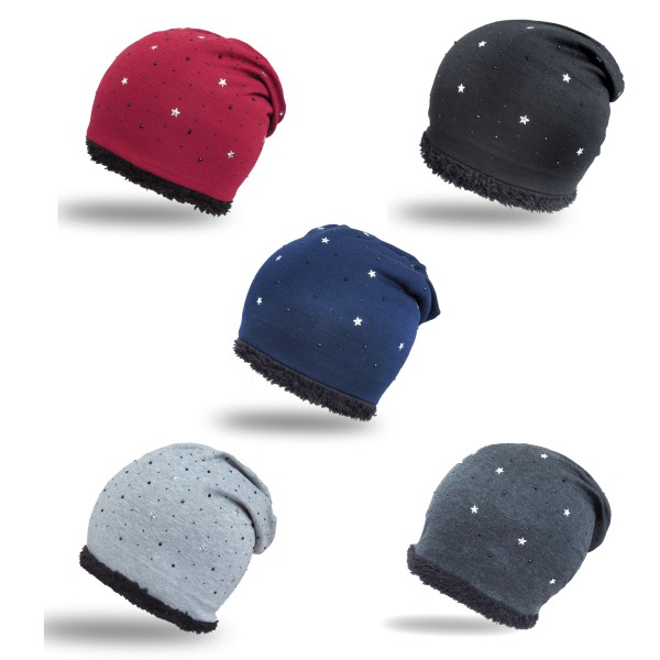 Sonia Originelli Winter Beanie Mütze "Strass Sternchen" Teddyfell Futter Tägliche Deals