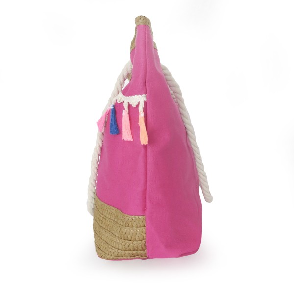 Sonia Originelli Shopper Boho mit neon Quasten Fransen Bommel Bastverzierung Strandtasche Kostenloser Versand