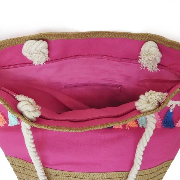 Sonia Originelli Shopper Boho mit neon Quasten Fransen Bommel Bastverzierung Strandtasche Kostenloser Versand