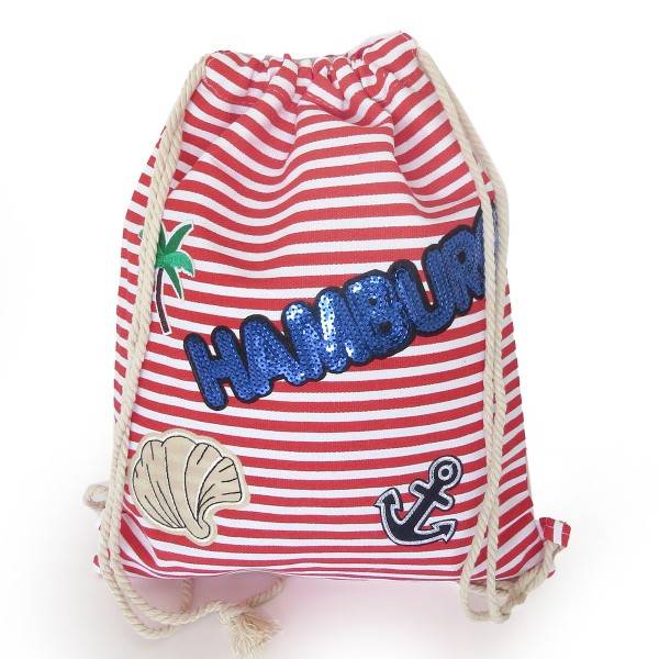Sonia Originelli Turnbeutel Patches Aufnäher Gymbag gestreift "Hamburg" Preisnachlass