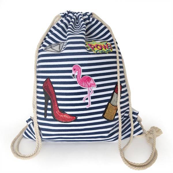 Sonia Originelli Turnbeutel Patches Aufnäher Gymbag gestreift Flamingo Baumwolle Weihnachtsangebot