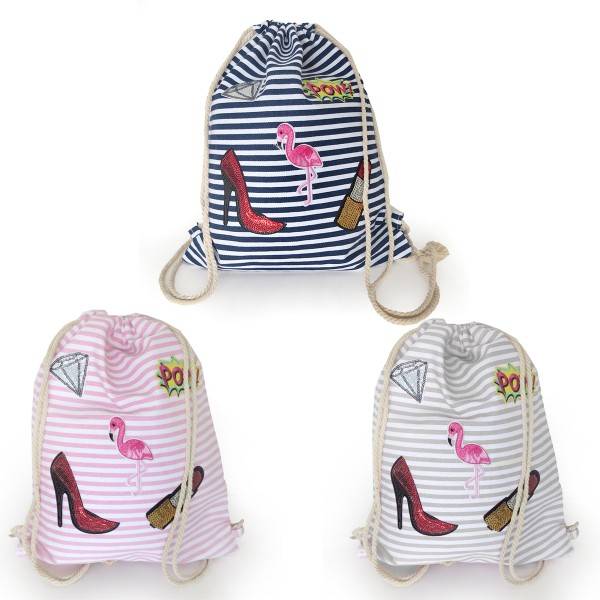 Sonia Originelli Turnbeutel Patches Aufnäher Gymbag gestreift Flamingo Baumwolle Weihnachtsangebot