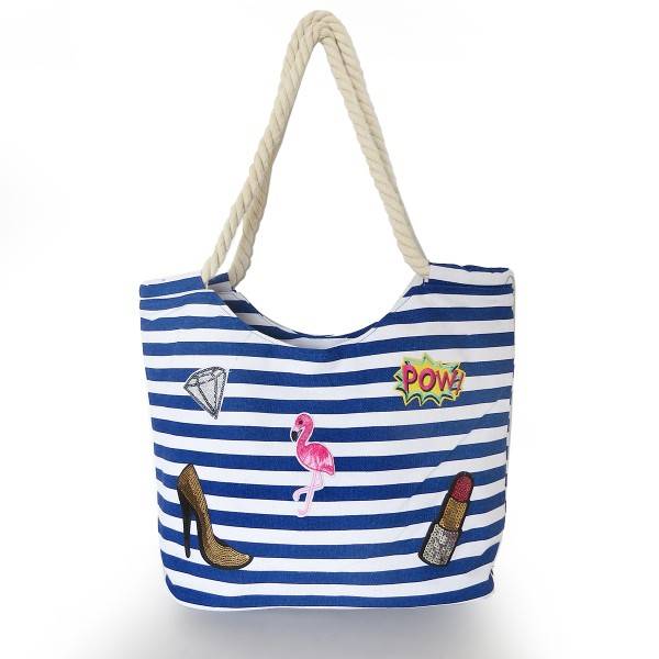 Sonia Originelli Strandtasche maritim gestreift mit Patch Aufnähern Flamingo Super Sparpreis