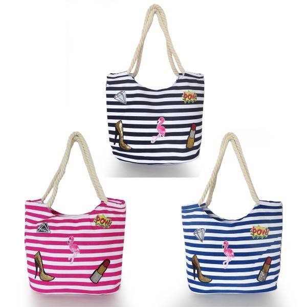 Sonia Originelli Strandtasche maritim gestreift mit Patch Aufnähern Flamingo Super Sparpreis