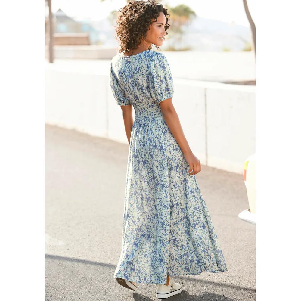 Buffalo Maxikleid mit zartem Blumendruck und V-Ausschnitt Sommerkleid Strandkleid Bestseller
