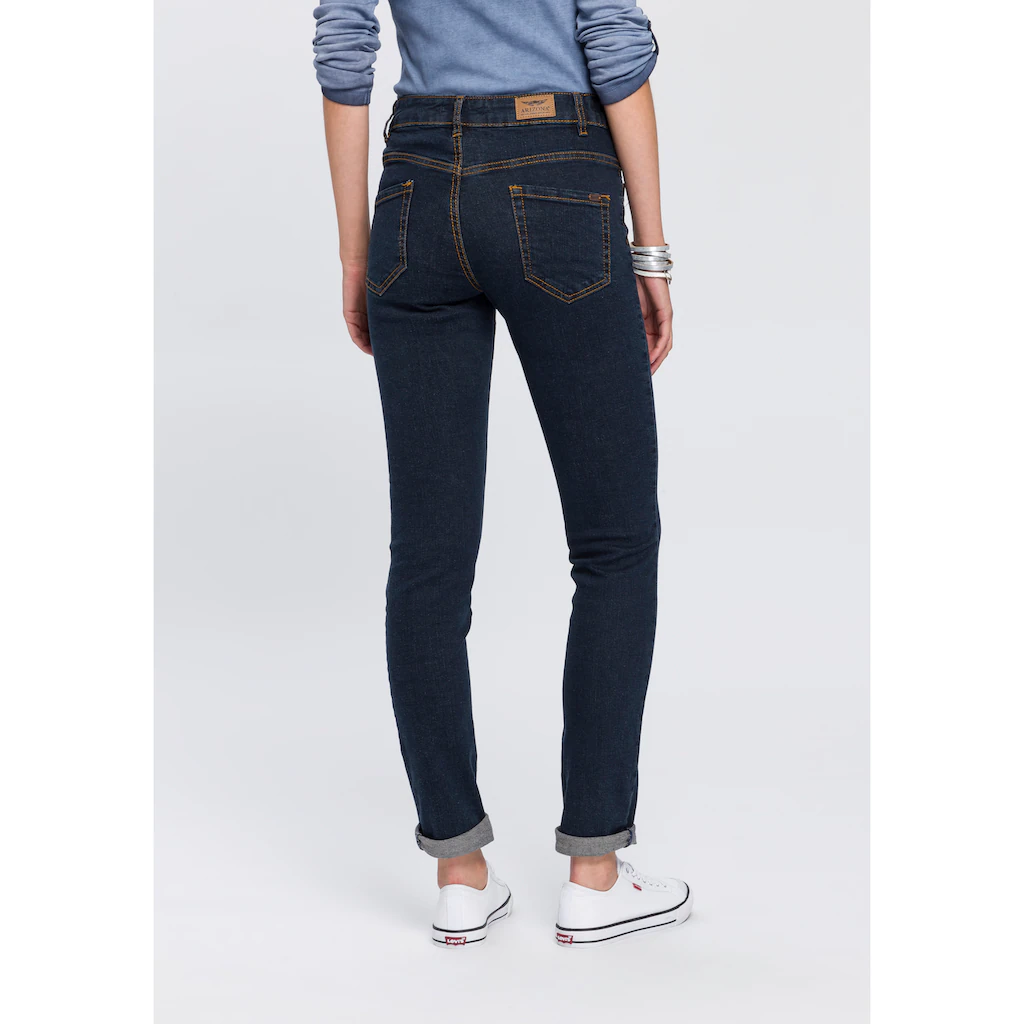 Arizona Slim-fit-Jeans »Bund mit seitlichem Gummizugeinsatz« schmale Passform Röhrenjeans Used-Waschung hohe Leibhöhe 50% Rabatt mit kostenlosem Versand