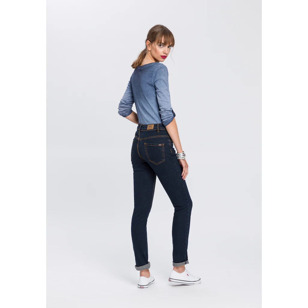 Arizona Slim-fit-Jeans »Bund mit seitlichem Gummizugeinsatz« schmale Passform Röhrenjeans Used-Waschung hohe Leibhöhe 50% Rabatt mit kostenlosem Versand