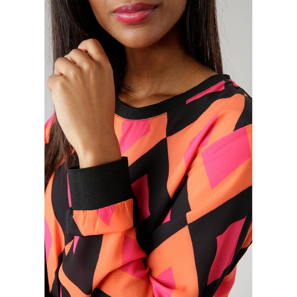 Aniston SELECTED Shirtbluse mit unifarbenen Bündchen und Retro-Muster 50% Rabatt für begrenzte Zeit