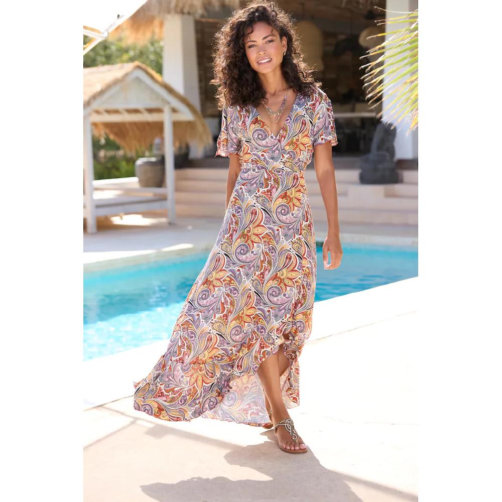 LASCANA Maxikleid mit Paisleydruck Schlitz und Volant Flügelärmel Druckkleid Vatertagsangebot