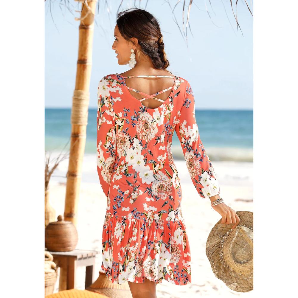s.Oliver Jerseykleid mit Blumenprint und Volantrock 3/4-Ärmel Sommerkleid Strandkleid Valentinstagsangebot
