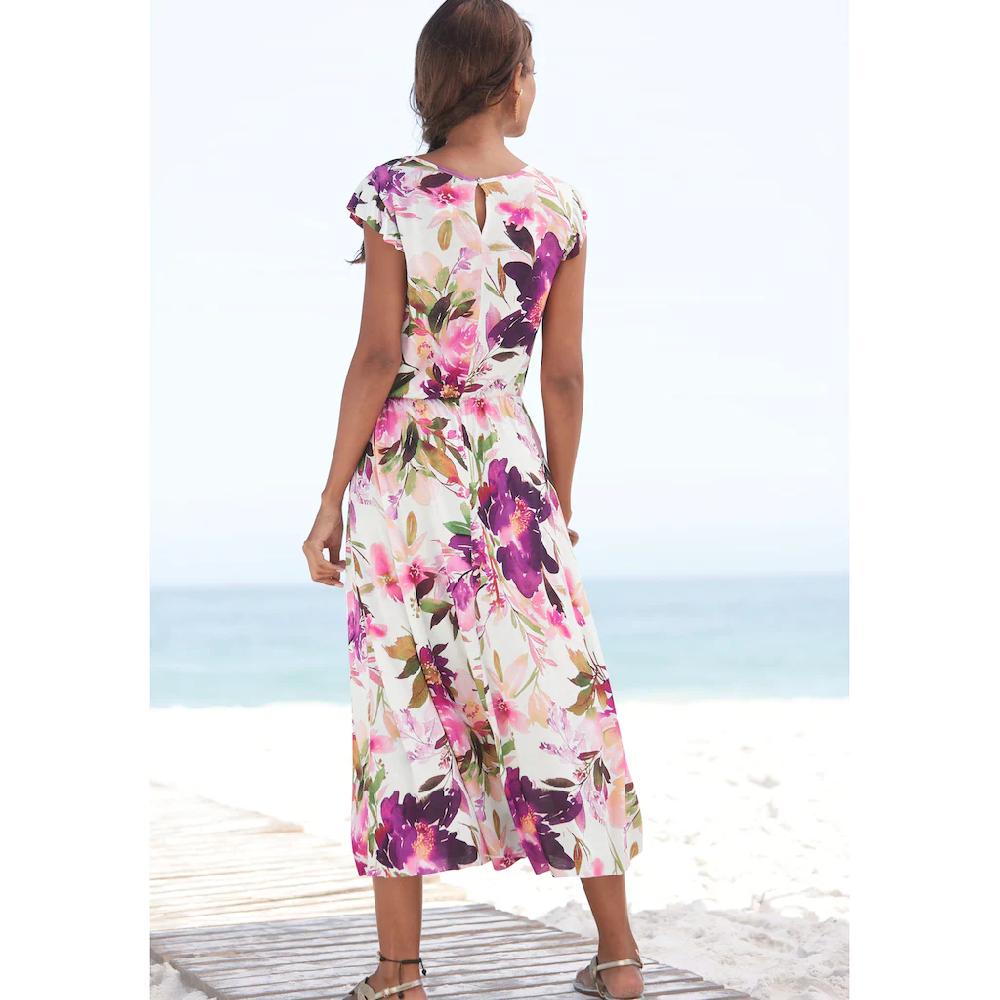 Beachtime Midikleid mit Blumendruck und Gummizug Sommerkleid Strandkleid Bis zu 60% Rabatt