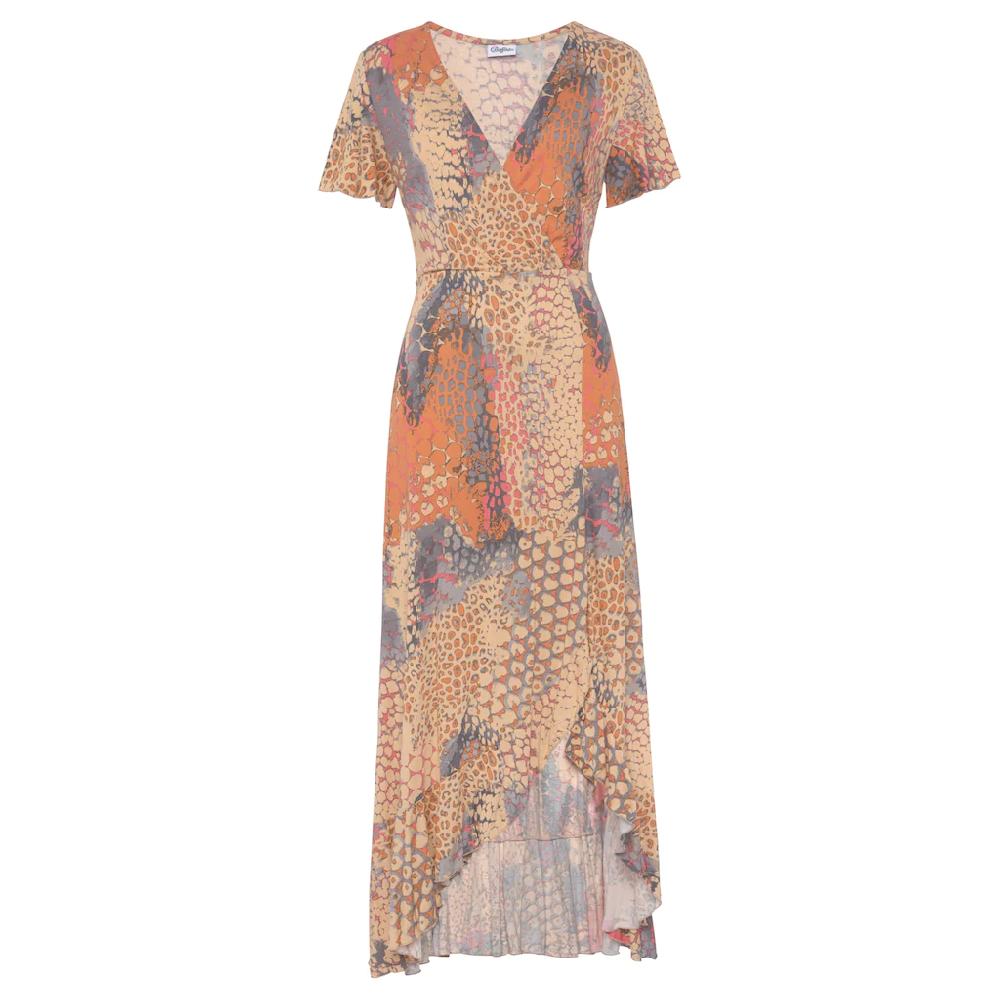 Buffalo Maxikleid mit Animalprint Schlitz und Volant Flügelärmel Druckkleid 50% Rabatt mit kostenlosem Versand