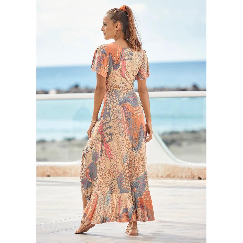Buffalo Maxikleid mit Animalprint Schlitz und Volant Flügelärmel Druckkleid 50% Rabatt mit kostenlosem Versand
