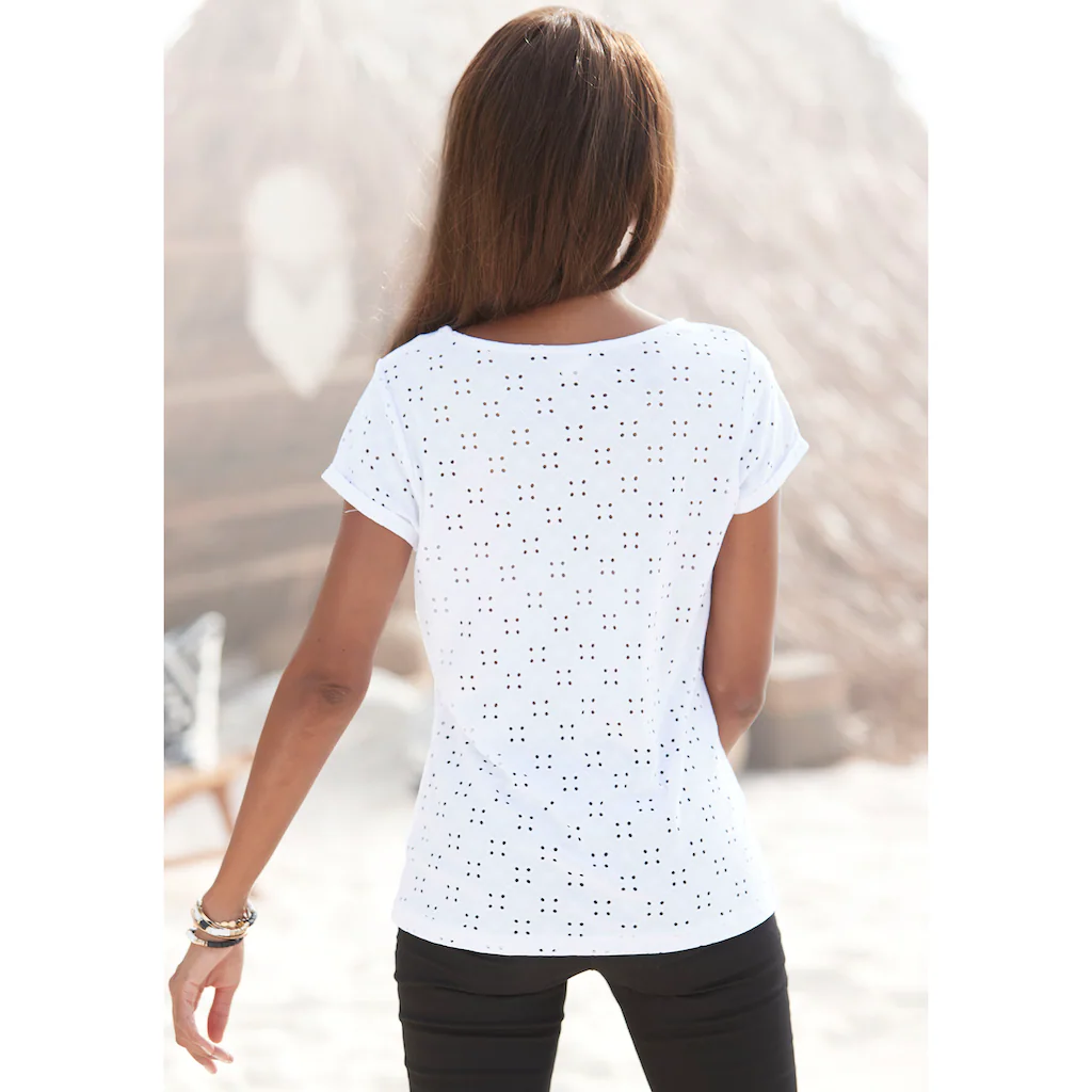 LASCANA Strandshirt mit Lochstickerei T-Shirt Kurzarmshirt Basic Großer Ausverkauf