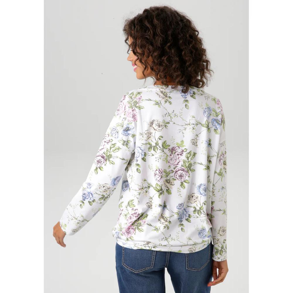Aniston CASUAL Langarmshirt mit silberfarbenen Schriftzug verzierter Rosendruck - NEUE KOLLEKTION Begrenzt auf 3 Tage