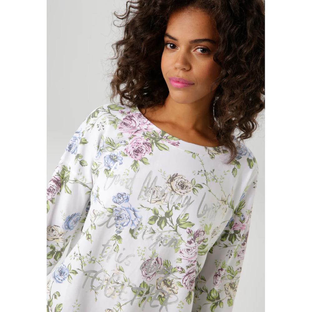 Aniston CASUAL Langarmshirt mit silberfarbenen Schriftzug verzierter Rosendruck - NEUE KOLLEKTION Begrenzt auf 3 Tage