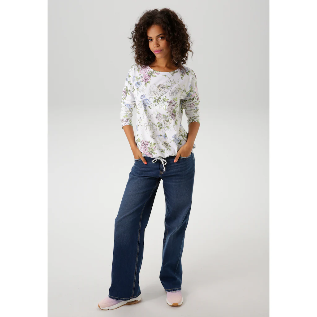 Aniston CASUAL Langarmshirt mit silberfarbenen Schriftzug verzierter Rosendruck - NEUE KOLLEKTION Begrenzt auf 3 Tage