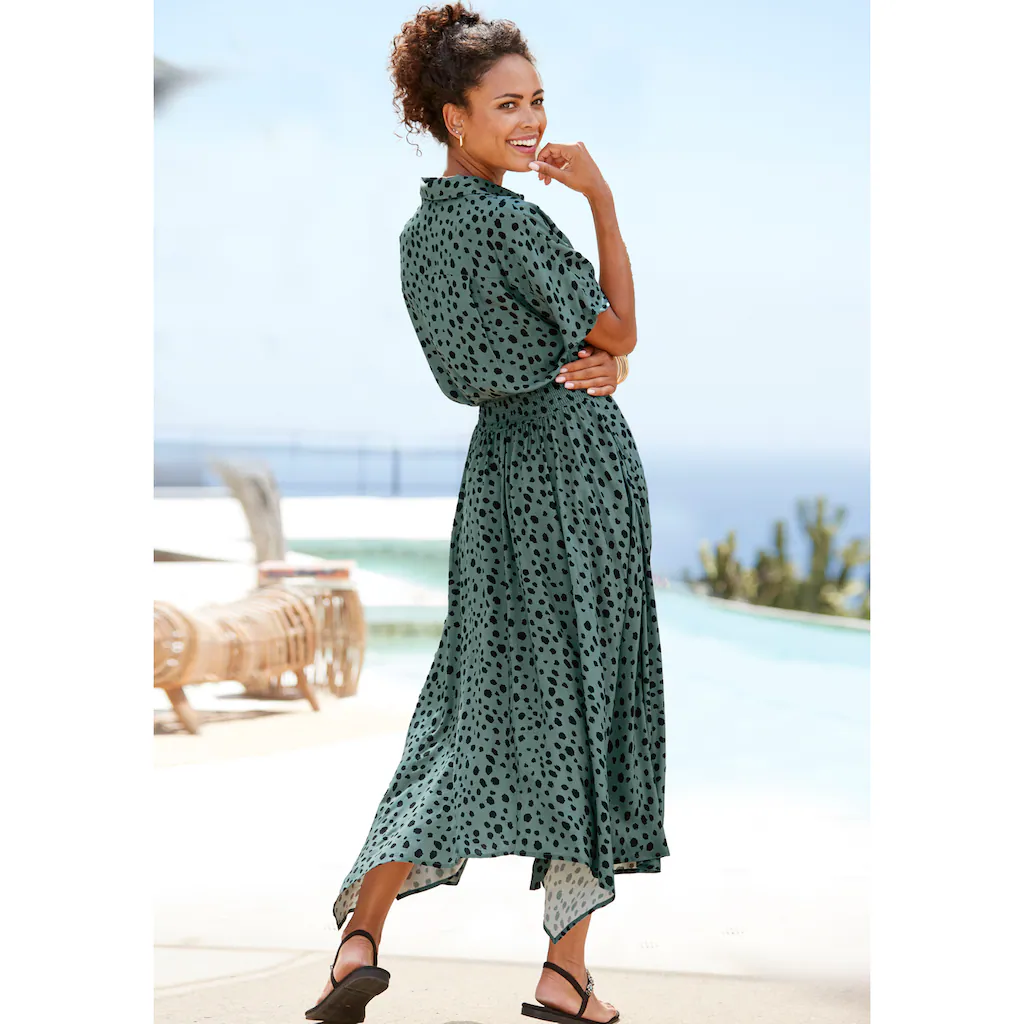 LASCANA Druckkleid mit Punktedruck und asymmetrischem Saum Hemdblusenkleid Midikleid Kauf eins, bekomm eins gratis