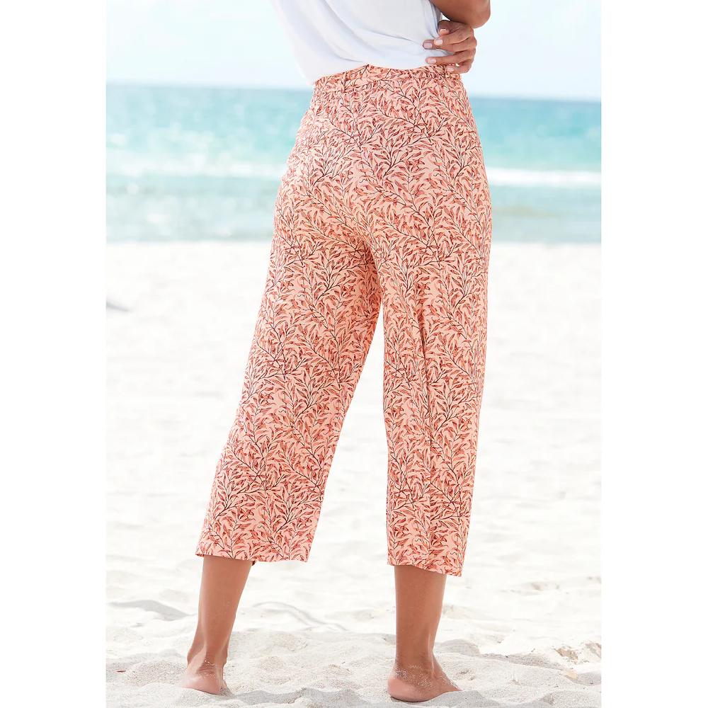Beachtime Culotte (mit Bindegürtel) mit Blätterdruck und Bindeband luftig-leichte Sommerhose Weihnachtsangebot