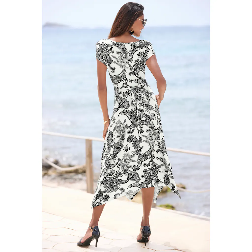 LASCANA Sommerkleid mit Zipfelsaum und Schleife in der Taille Strandkleid Paisley-Muster Black Friday Preise