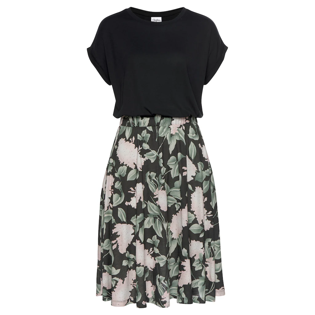 Buffalo Jerseykleid mit Paperbag-Bund und bedrucktem Rock kurzes Sommerkleid Strandkleid Flash Sale