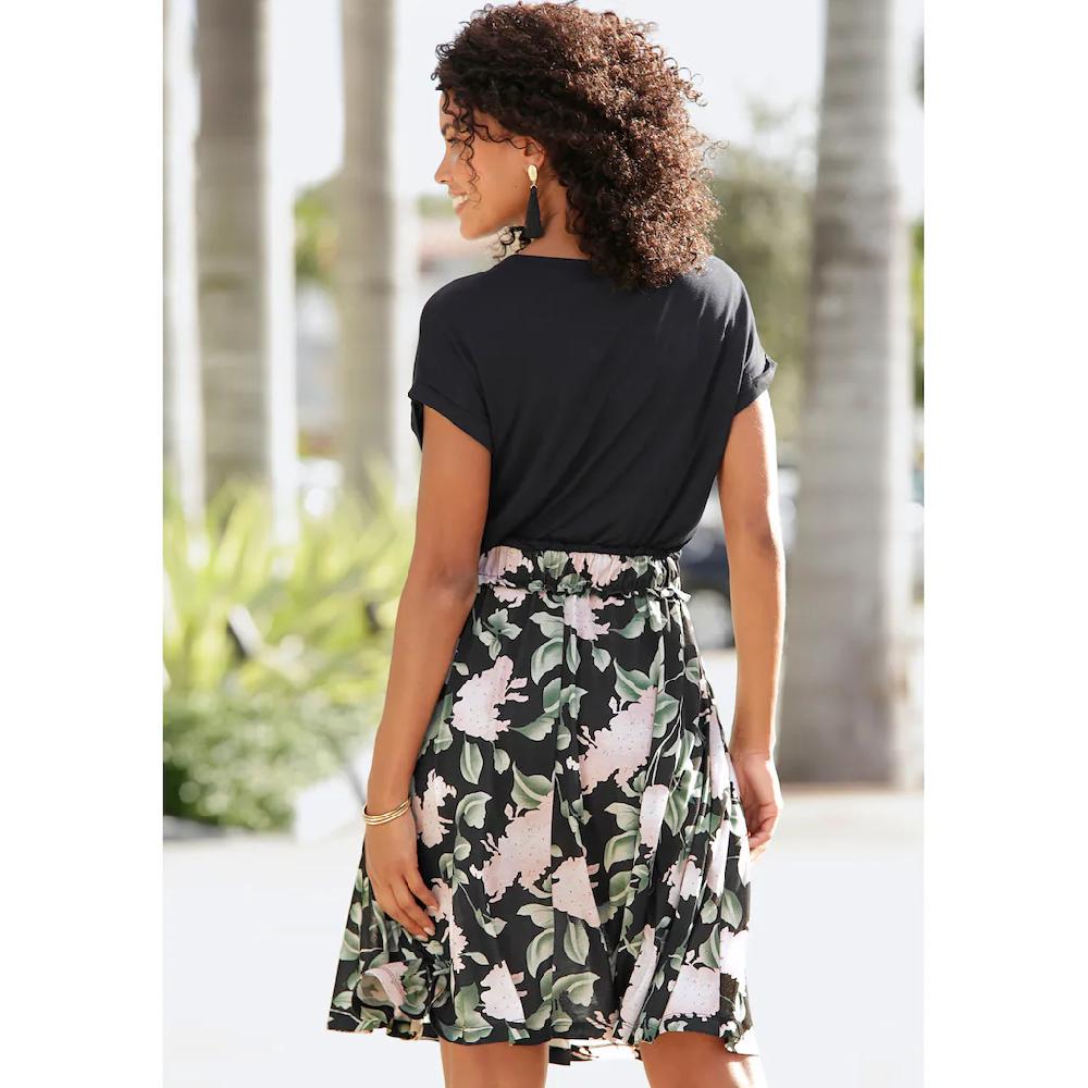 Buffalo Jerseykleid mit Paperbag-Bund und bedrucktem Rock kurzes Sommerkleid Strandkleid Flash Sale