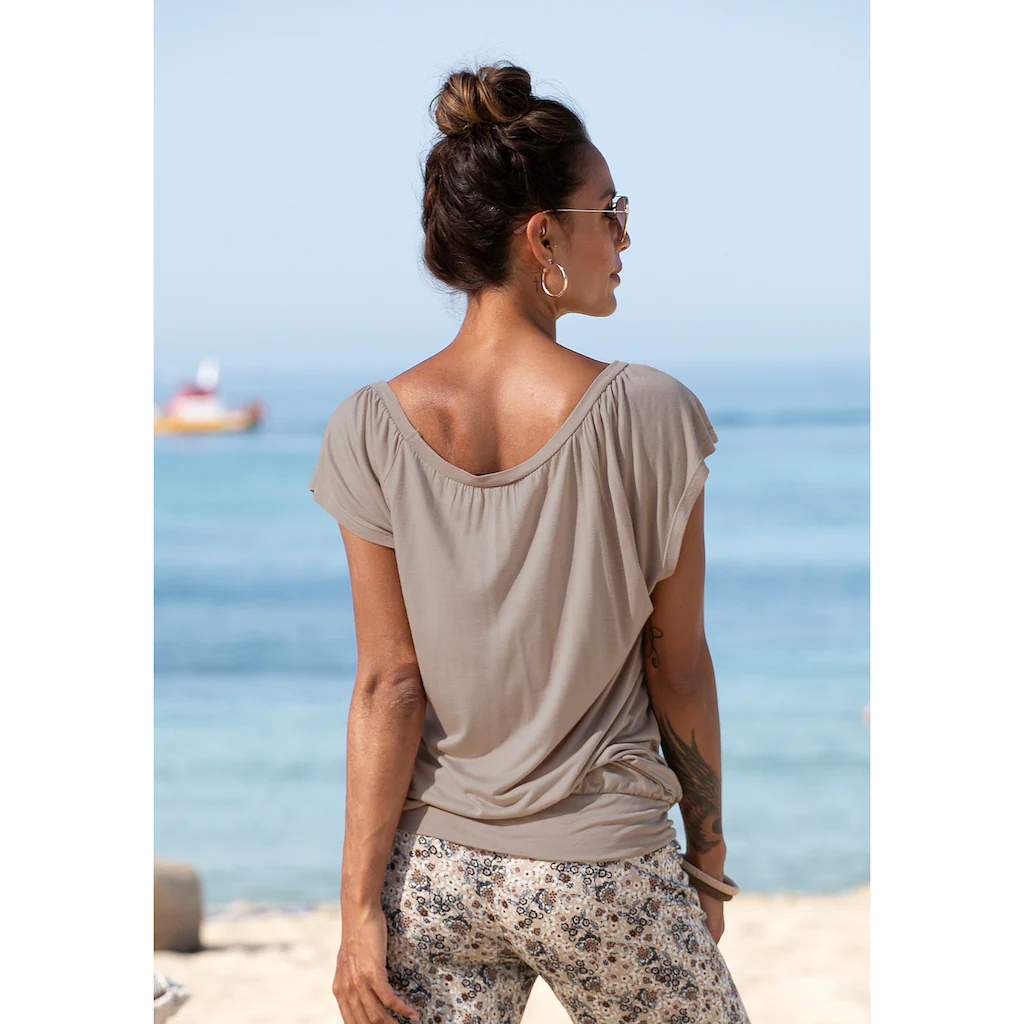 LASCANA V-Shirt mit breitem Gummizugbund T-Shirt mit V-Ausschnitt Basic Weihnachtsangebot