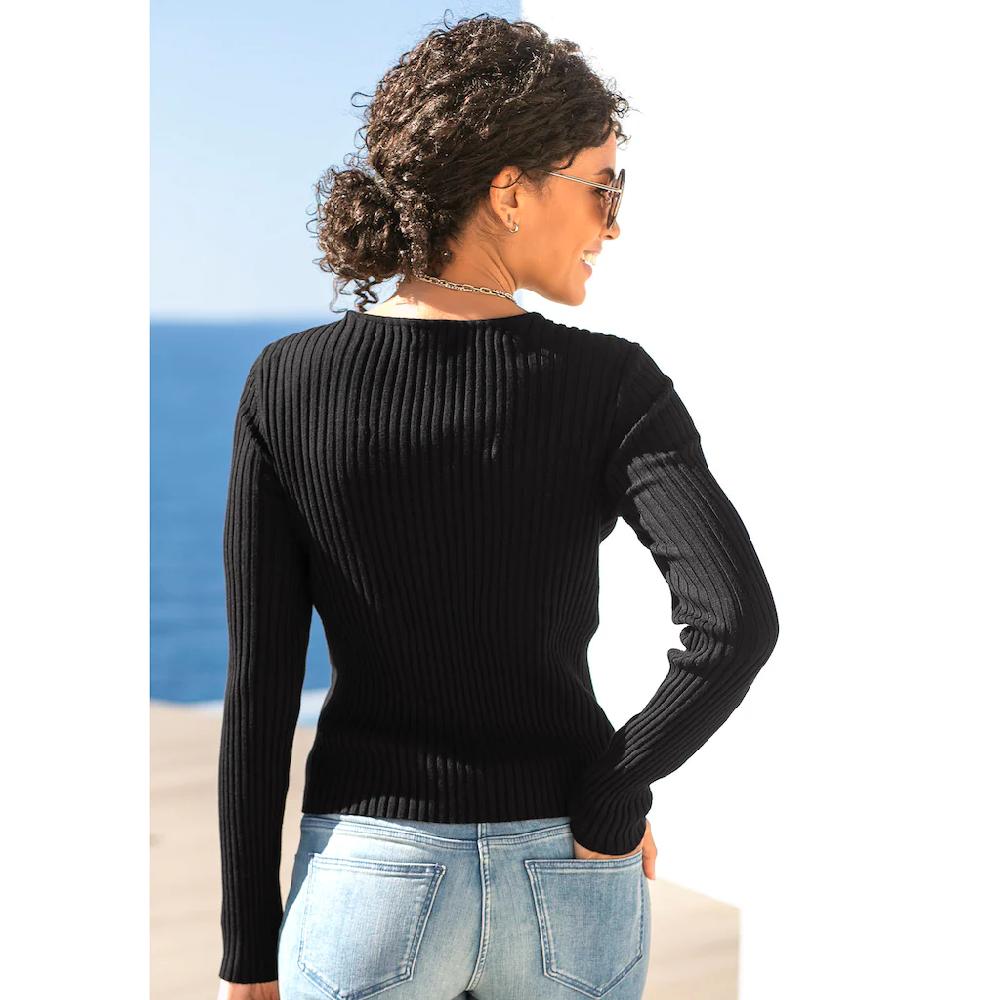 LASCANA V-Ausschnitt-Pullover mit Zierperlen figurbetonter Strickpullover elastisch Super Sparpreis